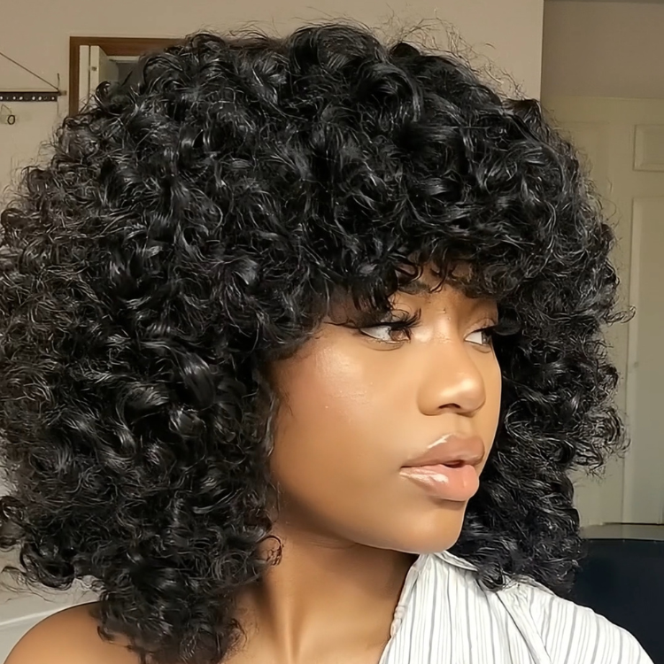 Big Bouncy Afro Curly Wig with Bangs High Density 100% Human Hair Glueless Full Mechanism Wig - Rafarada