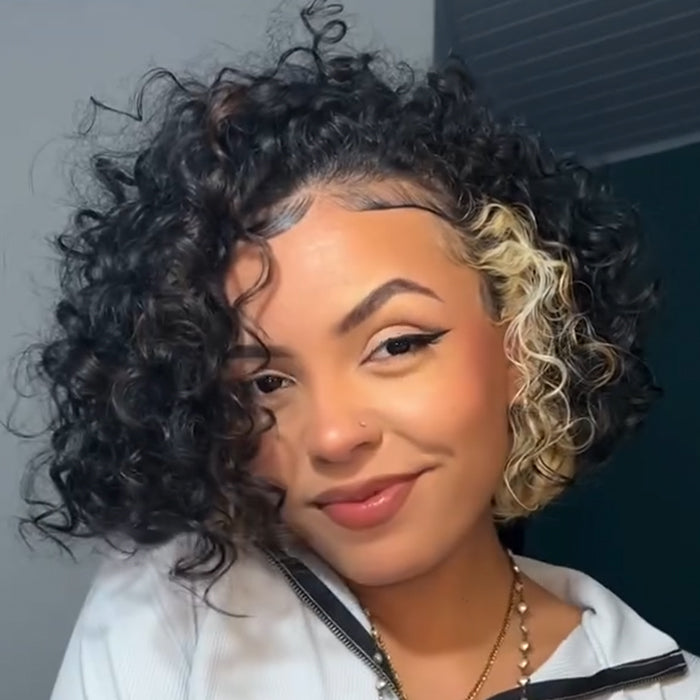 Highlight Color Big Bouncy Curly Wave Transparent Lace Front Human Hair Wigs Blonde Hair Short Bob Wig- Rafarada