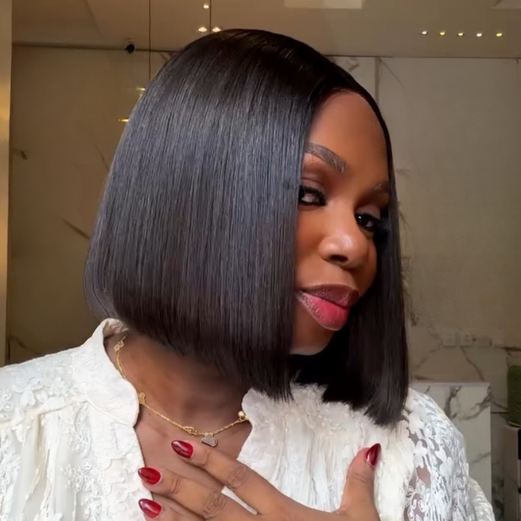 Sleek Natural Black Blunt Cut Bob Wig Center Part Straight human hair - Rafarada
