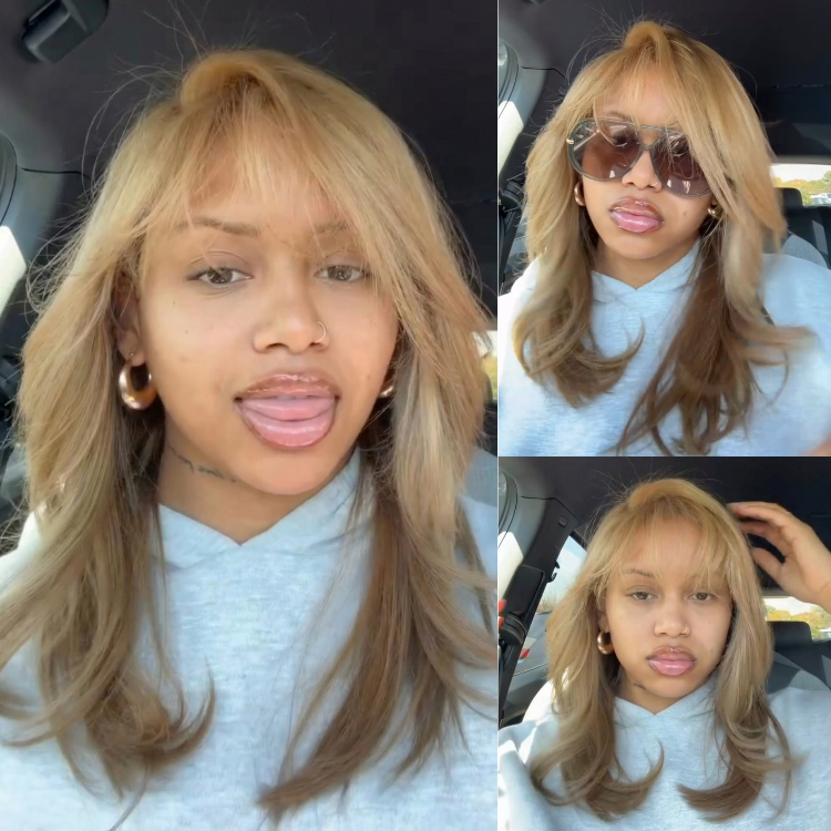 Honey Blonde Layered Body Wave Wig with Bangs Ombre Color Human Hair Glueless Side-Part Wig for Women - Rafarada