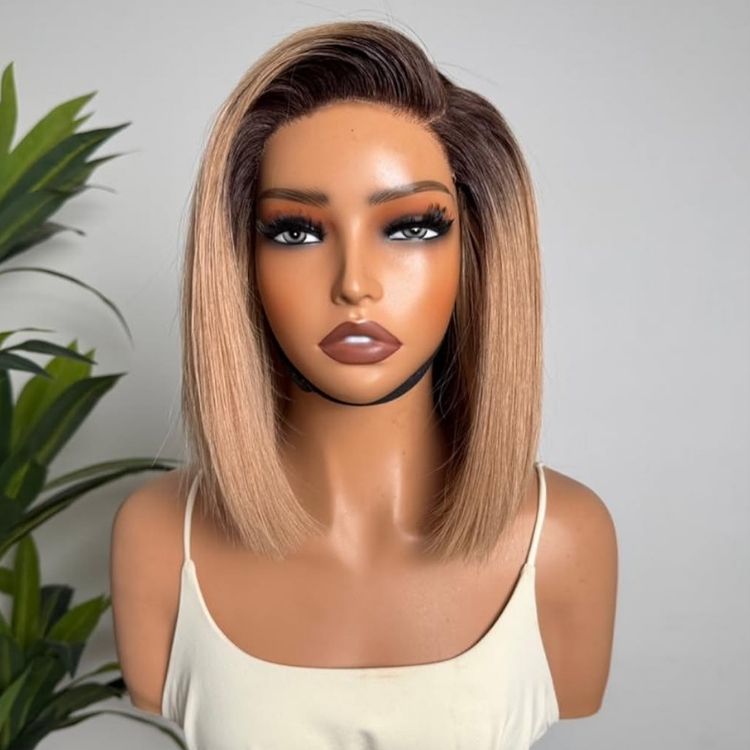 Short Bob Straight Hair Wig Ombre Blonde Color HD Lace Frontal Human Hair Wigs - Rafarada