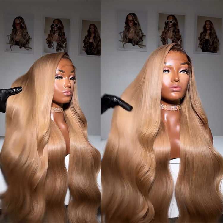 Honey Blonde Color Body Wave Human Hair Wig HD Lace Front Gold Colored Wig - Rafarada