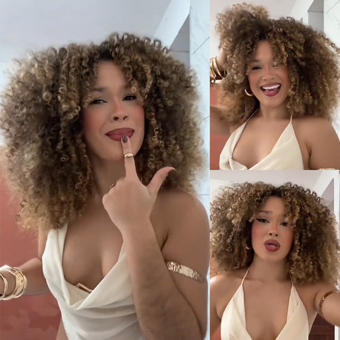 Honey Blonde Highlight Kinky Curly Wig with Bangs - Glueless Big Afro Curly Short Bob Human Hair Wig for Women - Rafarada