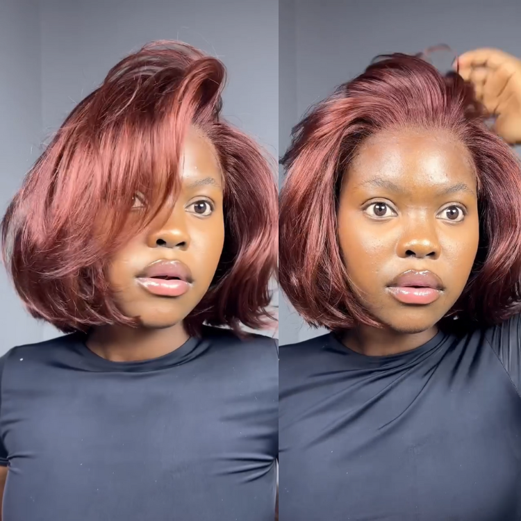 Auburn Red End Curl Bob Wig Layered Raw Human Hair Blow Style Lace Front Wig - Rafarada