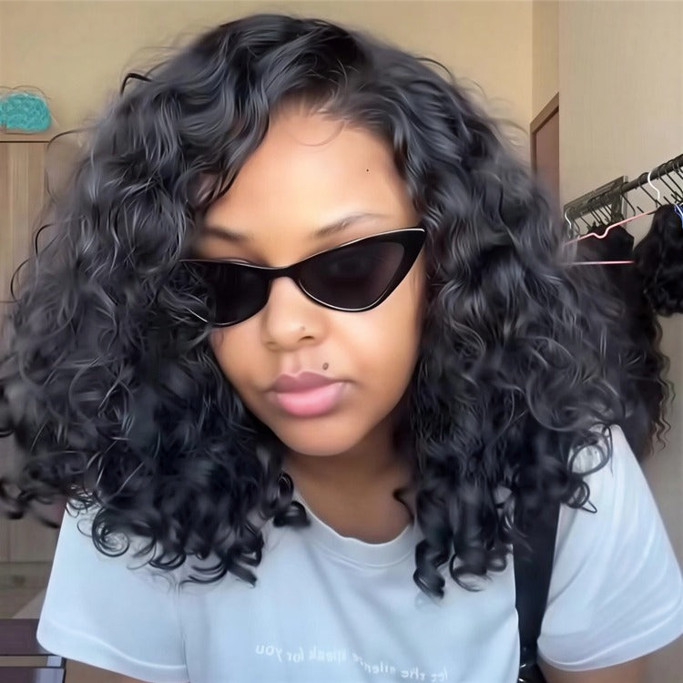 Short Loose Curly Bob Wig Natural Black Natural Look Human Hair Lace Wig - Rafarada