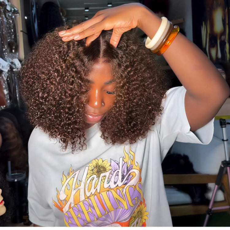 Dark Brown Color Bob Kinky Curly 100% Human Hair Wigs Glueless Lace Wig Pre-Plucked Natural Hairline - Rafarada