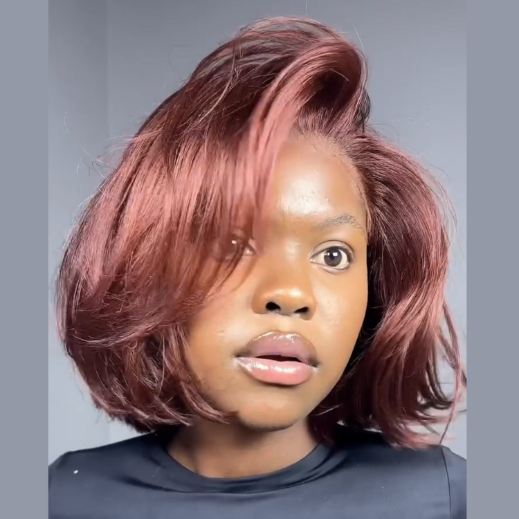 Auburn Red End Curl Bob Wig Layered Raw Human Hair Blow Style Lace Front Wig - Rafarada