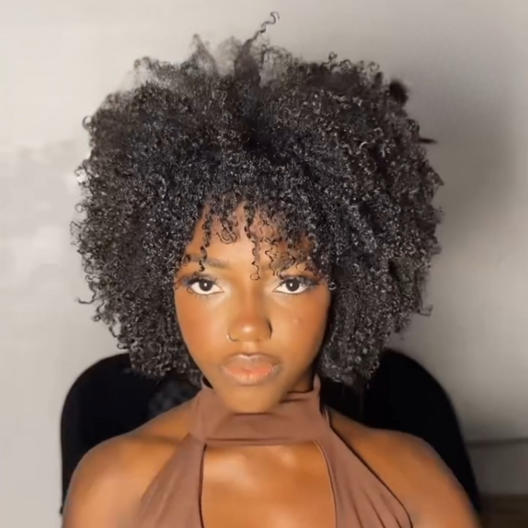 Afro Kinky Curly Glueless Human Hair Wig with Bangs Natural Black High Bouncy Coily Hair Wig- Rafarada