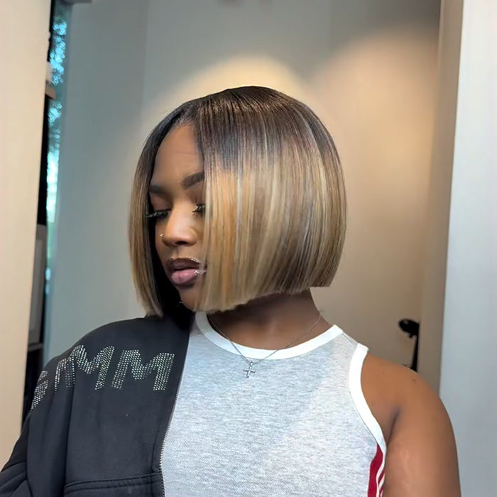 Ombre Highlight Color Bob Straight Human Hair Wig Glueless HD Lace Front Wig Natural Hairline For Women - Rafarada