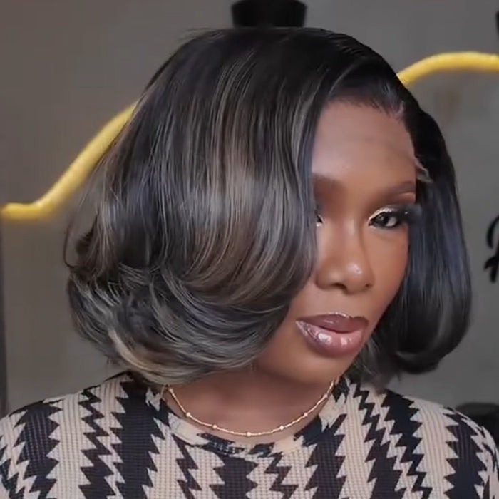 Highlight Color End Curl Bob Wig Layered Raw Human Hair Loose Wave Lace Front Wig - Rafarada