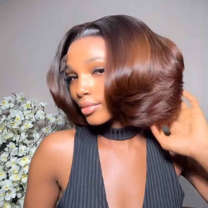 Ombre Reddish Brown Color End Curl Bob Wig Layered Raw Human Hair Lace Front Wig - Rafarada
