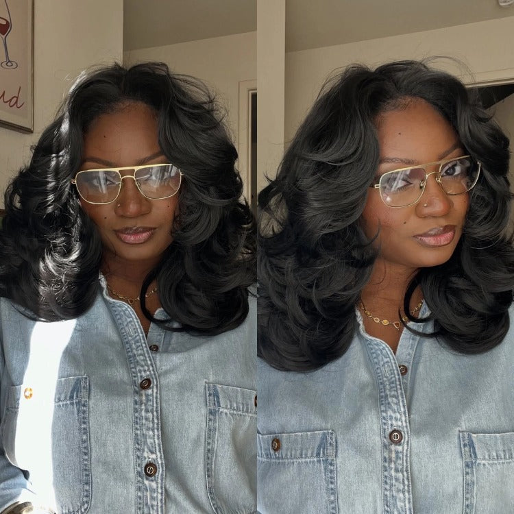 Natural Black Body Wave Wig Layered Bouncy Curls Human Hair Glueless Pre-styled Classic Black Bouncy Blowout Wig - Rafarada