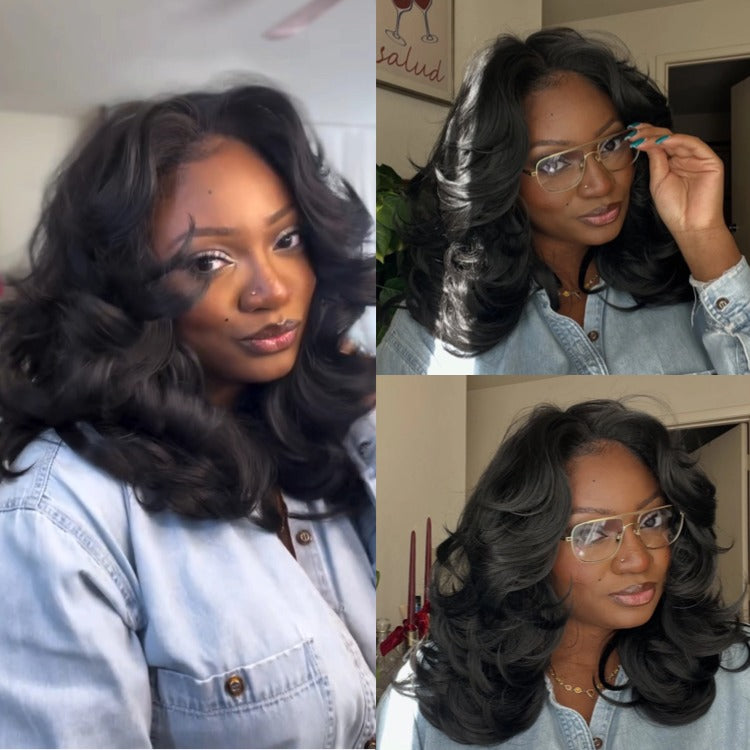 Natural Black Body Wave Wig Layered Bouncy Curls Human Hair Glueless Pre-styled Classic Black Bouncy Blowout Wig - Rafarada