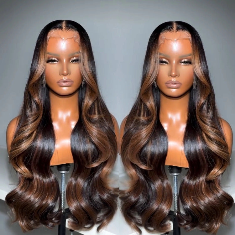 Highlight Color Body Wave Human Hair Balayage Hair Skunk Stripe 220% Density Wig - Rafarada