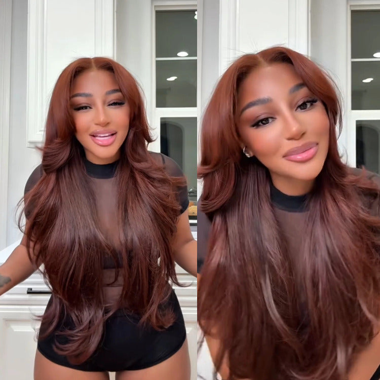 Caramel Reddish Brown Body Wave Layered Haircut Human Hair Wigs - Rafarada