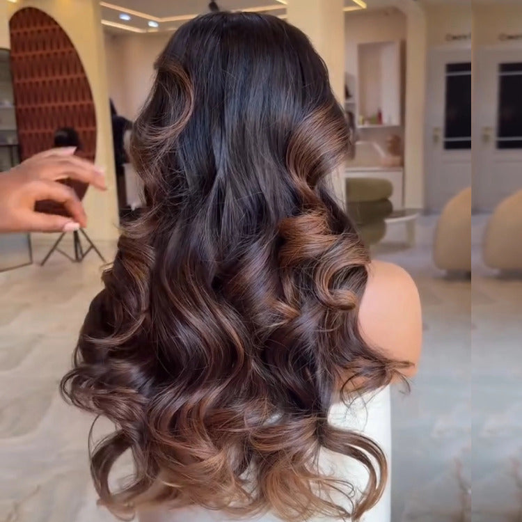 Black With Highlight Brown Color Wig Body Wave Human Hair Wig Pre-Plucked Hairlin - Rafarada