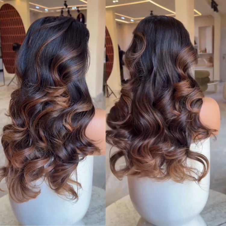 Black With Highlight Brown Color Wig Body Wave Human Hair Wig Pre-Plucked Hairlin - Rafarada