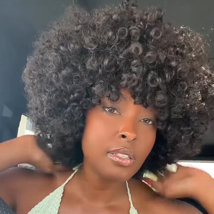 Afro Bouncy Curly Human Hair Wig 3-In-1 Half Wig High Density Natural Color Wear & Go Wig For Beginner - Rafarada