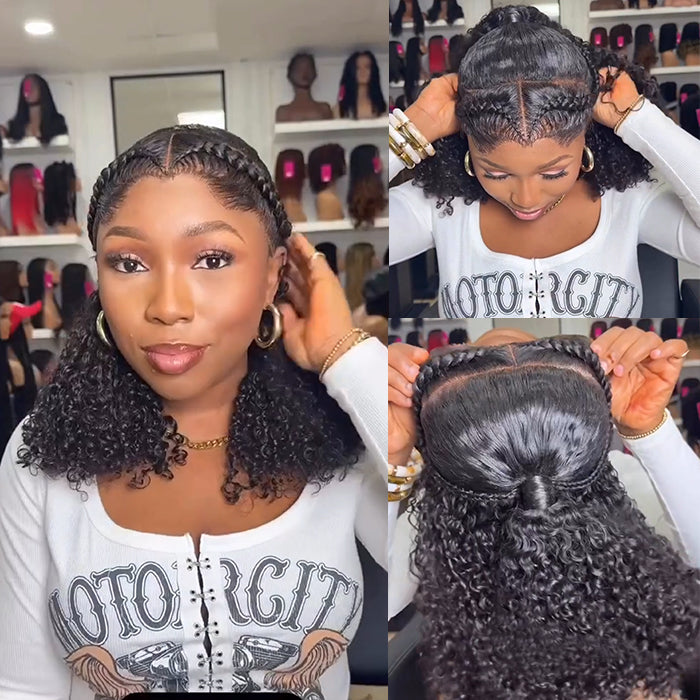 Boho Chic Braided Half-Up Curly Human Hair Wig Natural Looking Edges & Glueless Fit - Rafarada