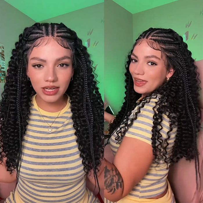 13x4 HD Lace Front Stitch Braided Human Hair Wig with Curly Ends & Baby Hair - Rafarada