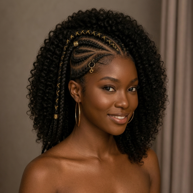 Half Braided Half Curly Wig - Glueless Cornrow Braids Kinky Curly Wig with Hair Rings Accessories - Rafarada