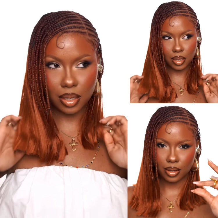 Ginger Brown Color Braided Wigs Human Hair Straight Lace Human Hair Pre-Braiding Natural Wig - Rafarada