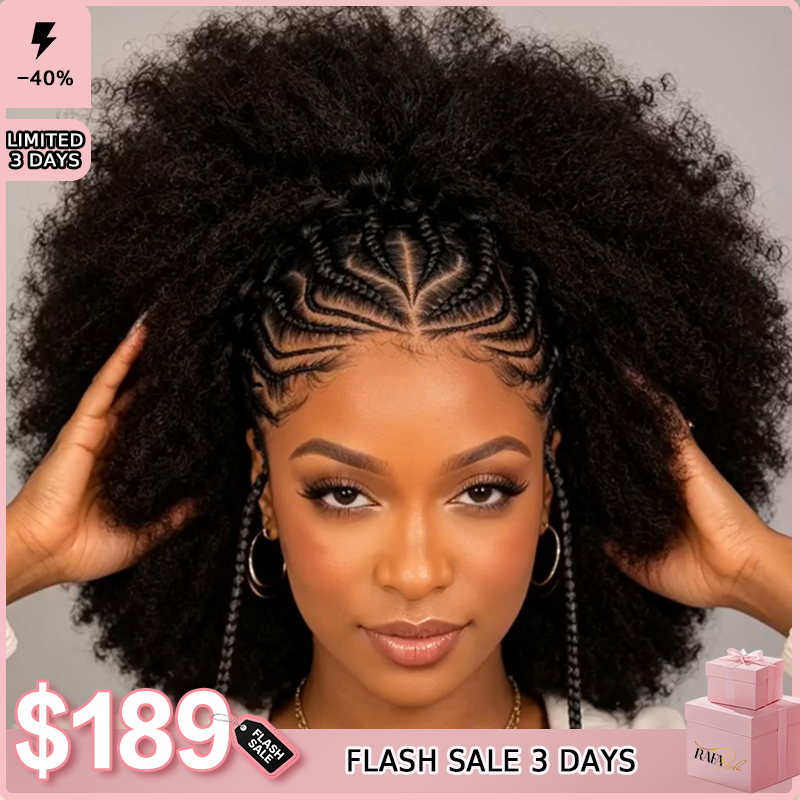 Braided Cornrow to Afro Kinky Coily Half-Up Half-Down Wig with Caramel Highlights - Rafarada