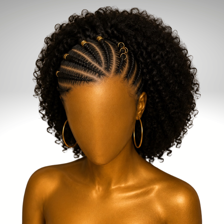 Half Braided Half Curly Wig - Glueless Cornrow Braids Kinky Curly Wig with Hair Rings Accessories - Rafarada