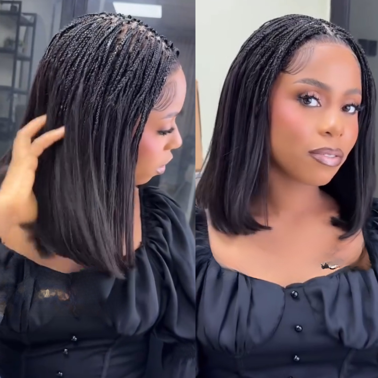 Hand-Braided Bob Lace Front Wig with Straight Hair Natural Black 13x6 Lace Frontal Micro Braids Short Bob Wig for Women - Rafarada