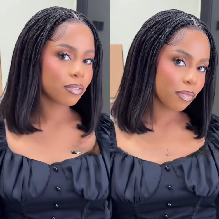 Hand-Braided Bob Lace Front Wig with Straight Hair Natural Black 13x6 Lace Frontal Micro Braids Short Bob Wig for Women - Rafarada