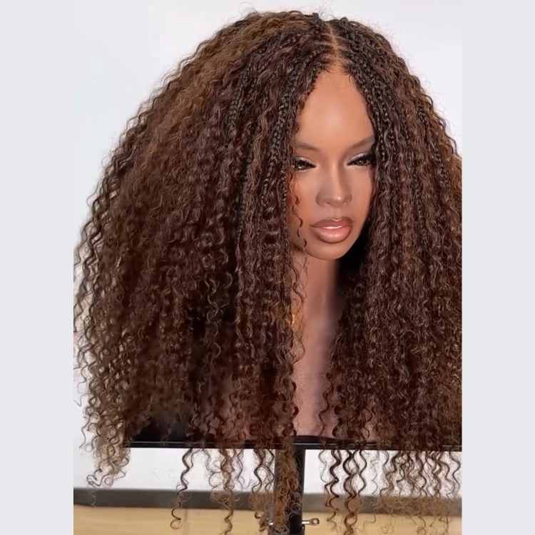 Braided & Curly Mixed Style Dark Brown Curly Lace Wig with Frontal Box Braids - Pre-plucked Natural Hairline- Rafarada