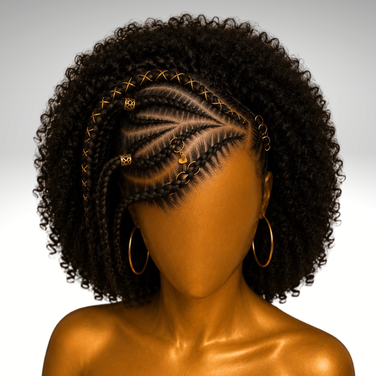 Half Braided Half Curly Wig - Glueless Cornrow Braids Kinky Curly Wig with Hair Rings Accessories - Rafarada