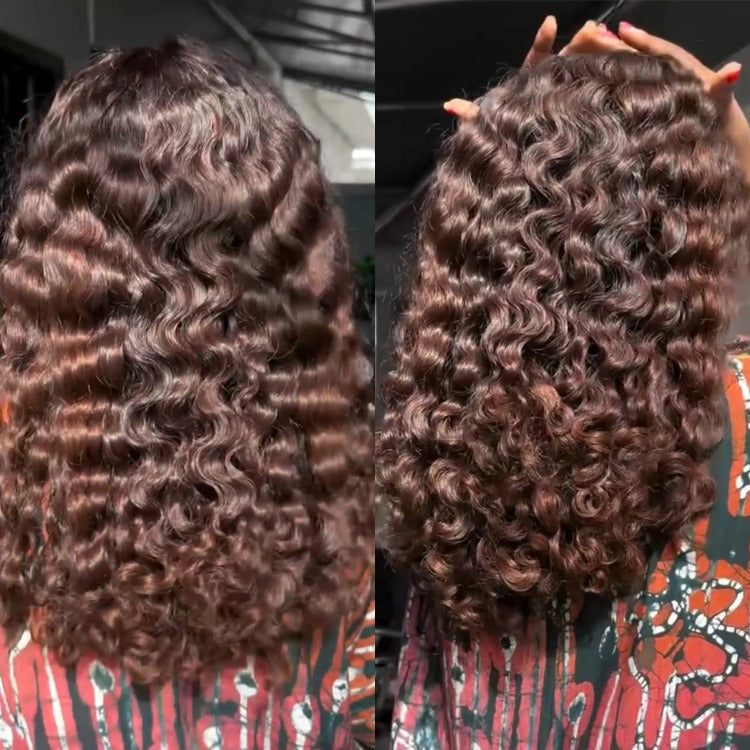 Chocolate Brown Burmese Lace Front Human Hair Wigs Reddish Brown Curly Wig for Women Pre-plucked Glueless HD Lace Wig - Rafarada