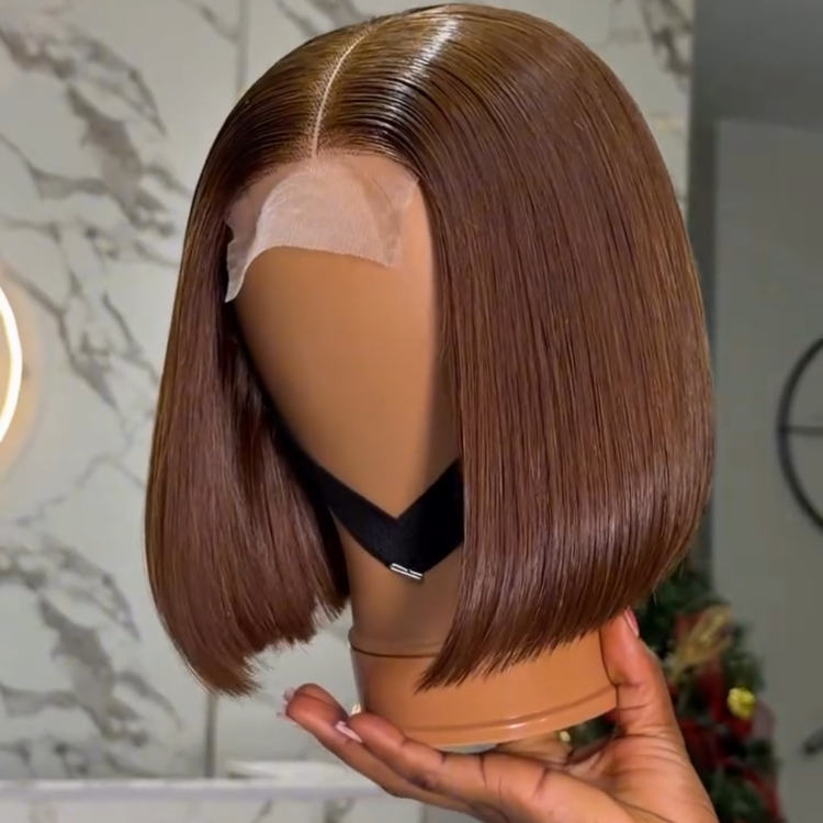 Sleek Natural Black Blunt Cut Bob Wig Center Part Straight human hair - Rafarada