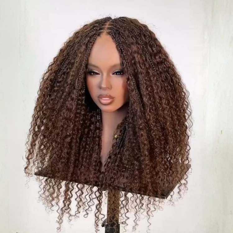 Braided & Curly Mixed Style Dark Brown Curly Lace Wig with Frontal Box Braids - Pre-plucked Natural Hairline- Rafarada