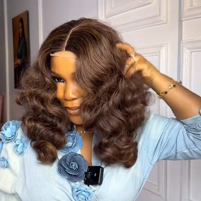 Chocolate Brown Bouncy Loose Wave Human Hair Wigs Lace Front Wig Pre Plucked Ash Brown Loose Curly Hair for Women - Rafarada