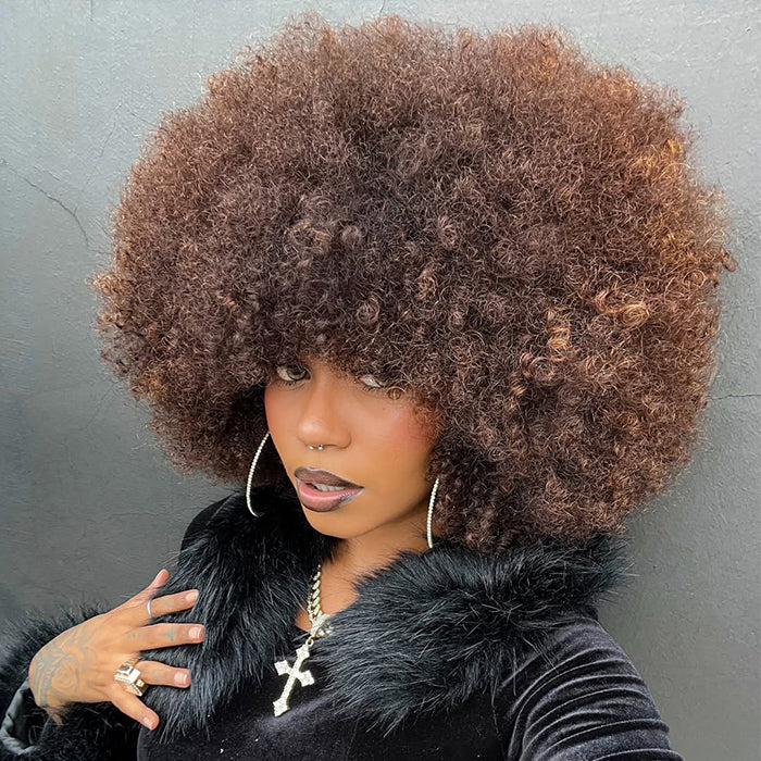 Big Fluffy Afro Kinky Curly Wig with Bangs Highlights Brown Mix Blonde Glueless Human Hair Wigs for Women - Rafarada