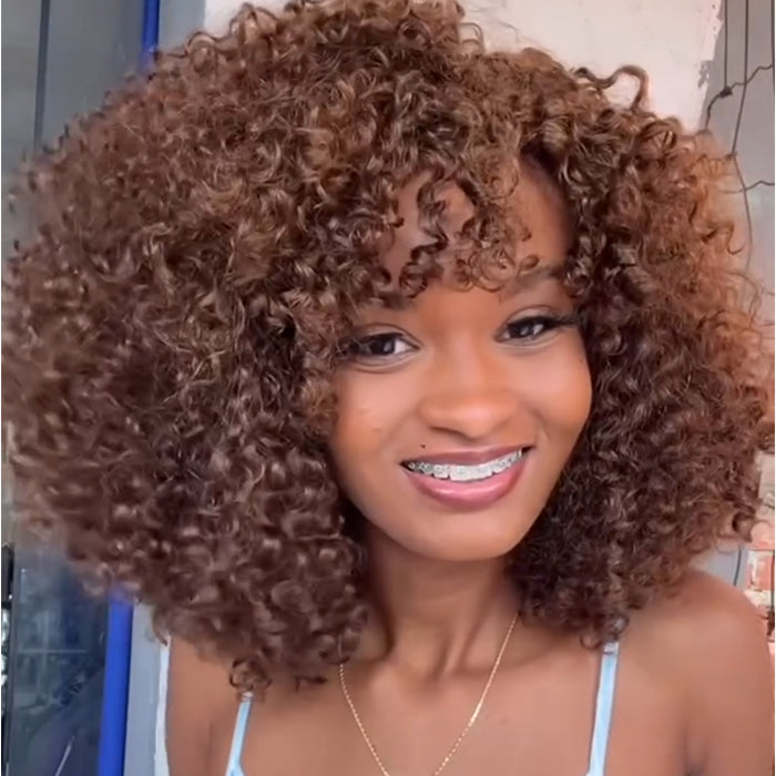 Glueless Wear and Go Light Brown Curly Wig with Bangs - Beginner Friendly No Lace Machine Made Short Caramel Curly Bob Wig - Rafarada