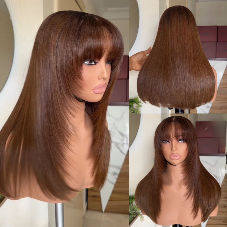 Lace Wig with Bangs Highlight Human Hair Layered Straight Hair Free Part Human Hair - Rafarada