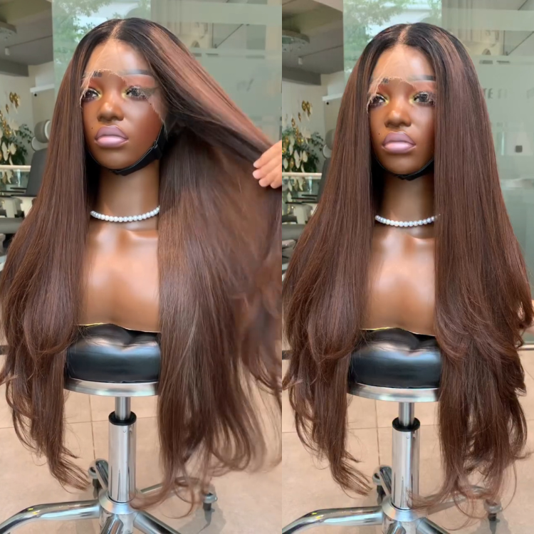 Chocolate Brown Layered Lace Front Wig Dark Roots Chestnut Brown Straight Human Hair Wig with Layers - Rafarada