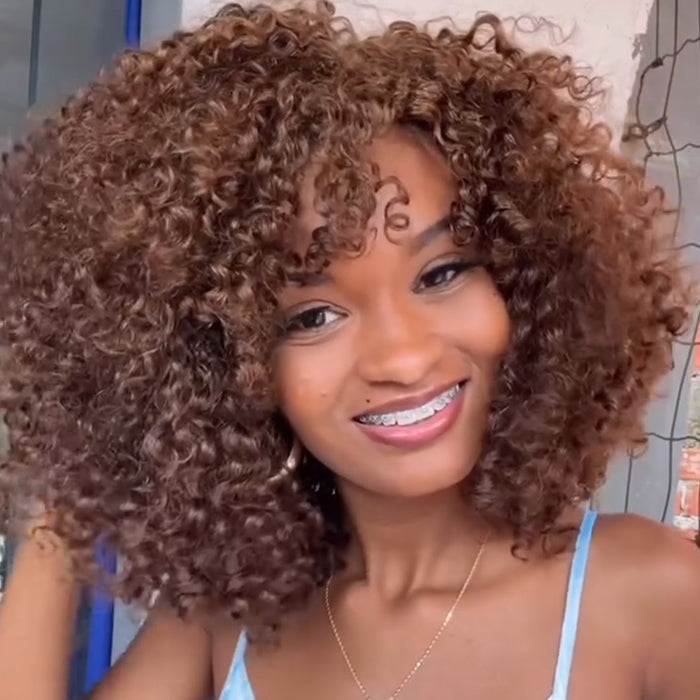 Glueless Wear and Go Light Brown Curly Wig with Bangs - Beginner Friendly No Lace Machine Made Short Caramel Curly Bob Wig - Rafarada