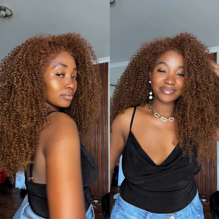 Voluminous #30 Auburn Brown Kinky Curly Wig Natural Edges Looking Side Part Fluffy Long Wig - Rafarada