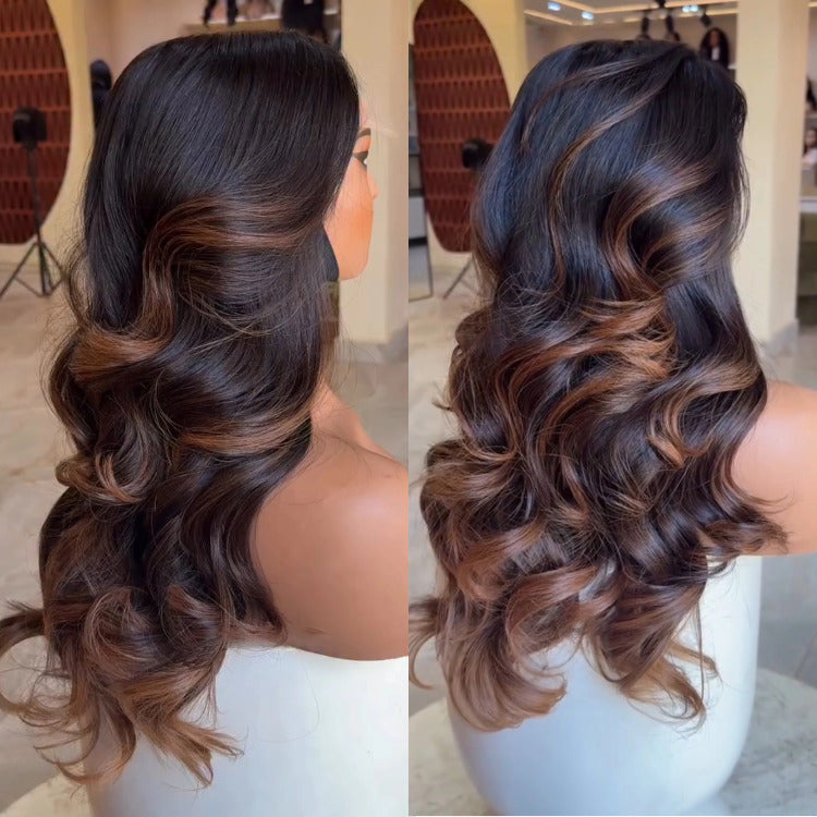 Black With Highlight Brown Color Wig Body Wave Human Hair Wig Pre-Plucked Hairlin - Rafarada