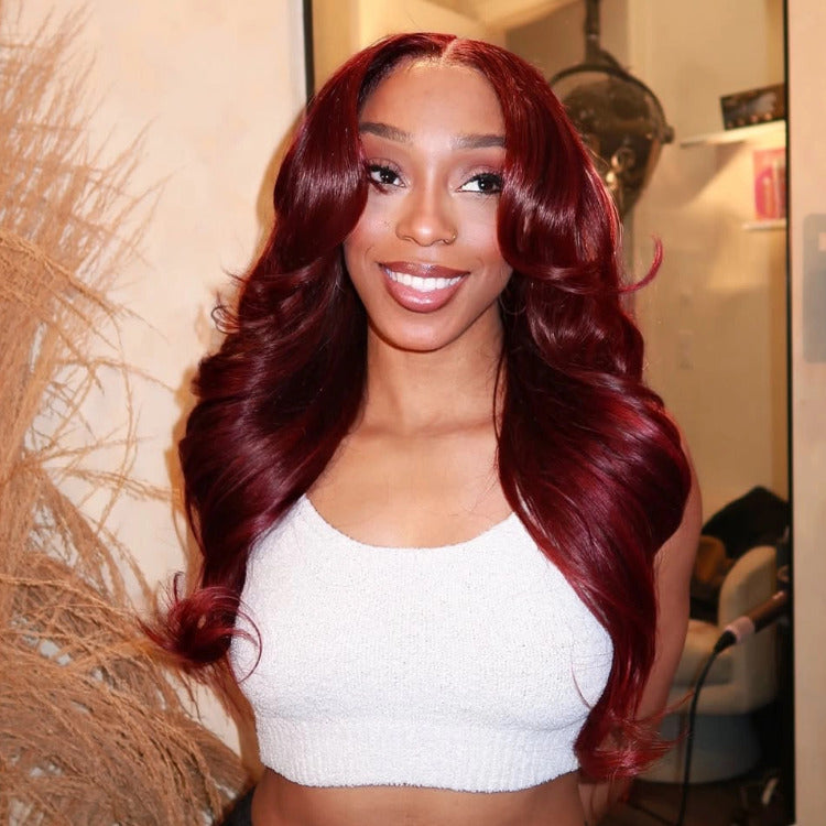 Burgundy Color Body Wave Lace Front Human Hair Wigs Glueless Wear and Go Wig - Rafarada