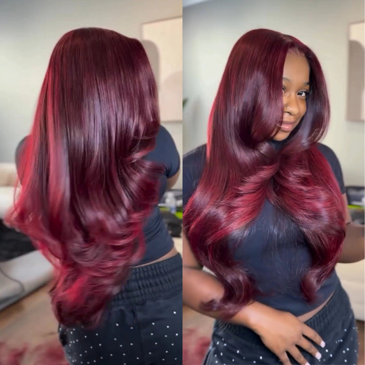 Burgundy Color Body Wave Human Hair Wig Lace Frontal Glueless Wig - Rafarada