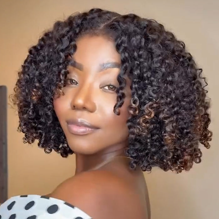 Shot Bob Wig Burmese Curly Human Hair Wig Ombre Brown Color Spiral Curl Glueless Lace Front Wig - Rafarada