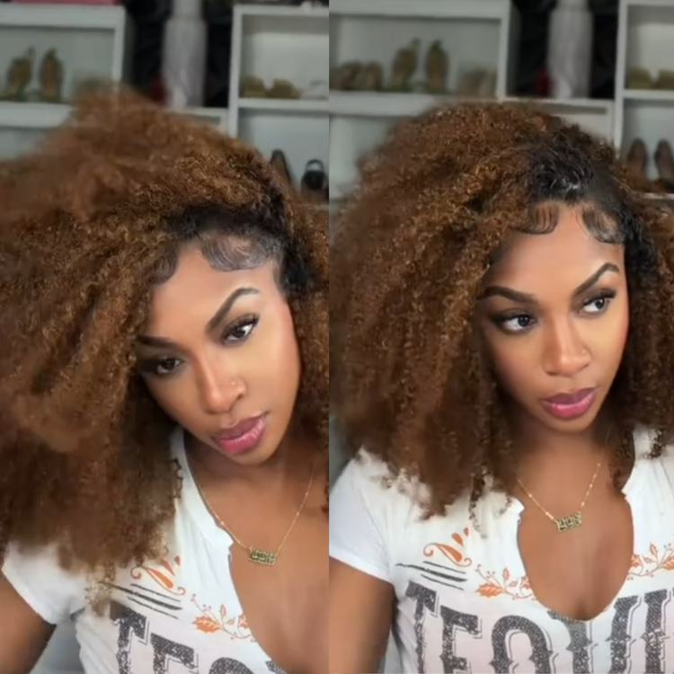 1B/30 Honey Brown Kinky Curly Hair Feather Crochet Hair Short Dark Root Ombre Hair Extensions Tight Curly Weave - Rafarada