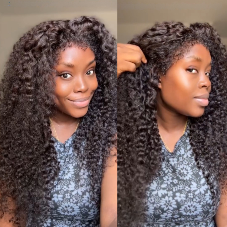 Deep Curly Glueless Human Hair Wigs with 4C Edges Curly Hairline Natural Black Lace Frontal Wig for Women - Rafarada
