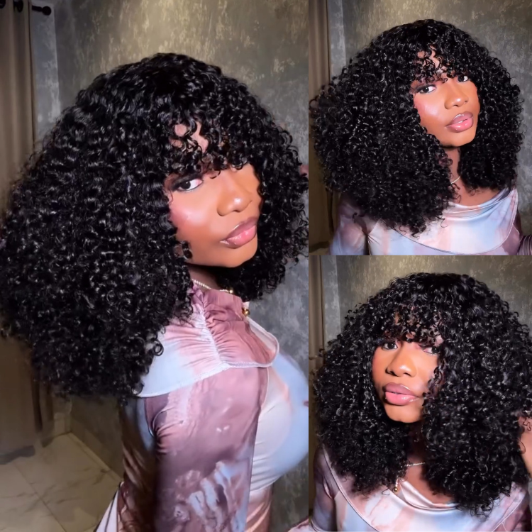 Glueless Kinky Curly Human Hair Wig with Bangs High Density Short Curly Bob Wig for Women - Rafarada