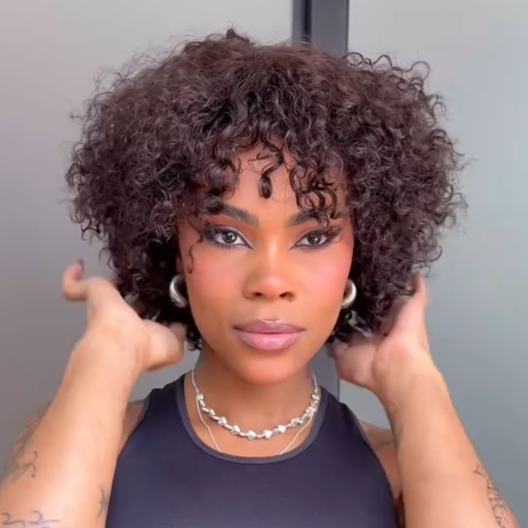 Short Jerry Curly Bob Wig with Bangs Dark Brown Glueless Machine Made & Lace Wig Bouncy Curly Hair- Rafarada